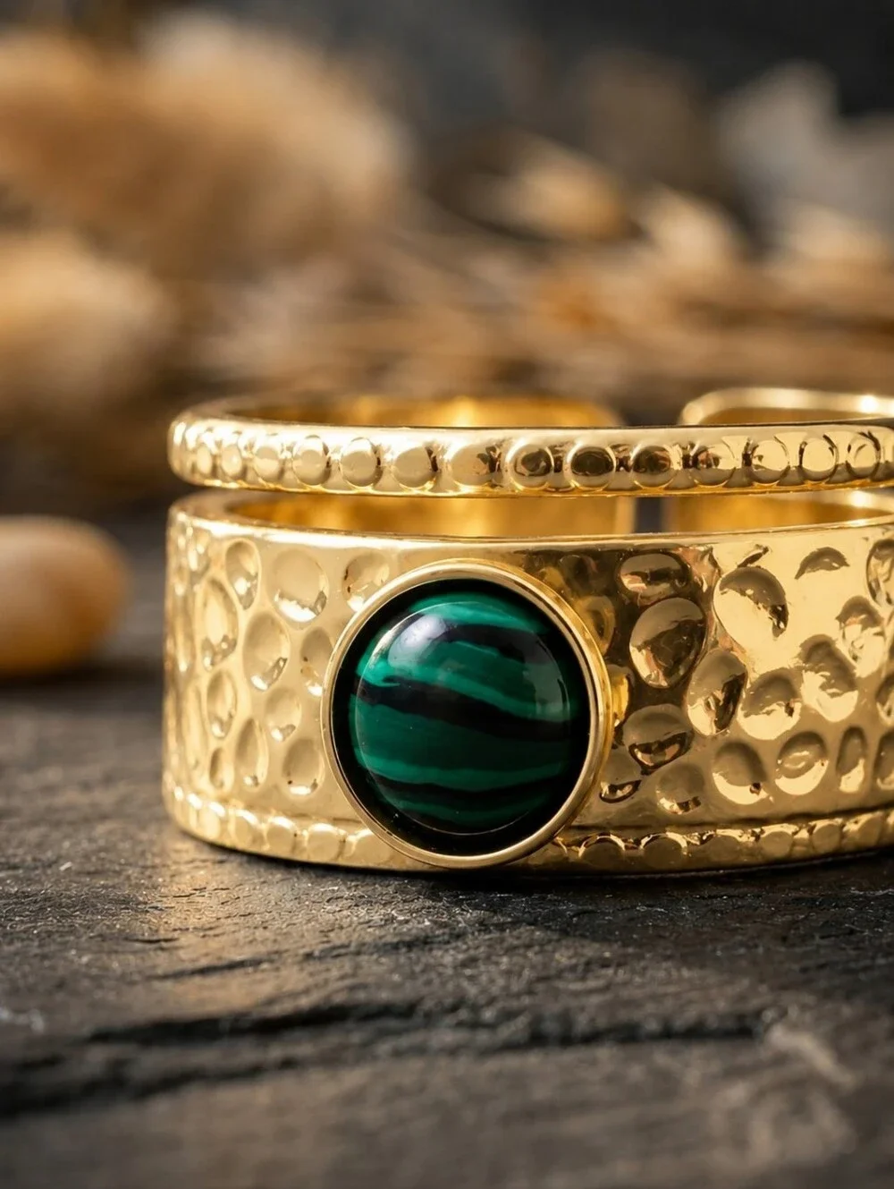 Malachite Cabochon Open Band Ring 18K Gold Plated Hammered Statement Size 7